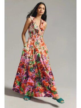 Anthropologie Maeve Ruffled V-Neck Dress Sz 2 (Runs Small)
